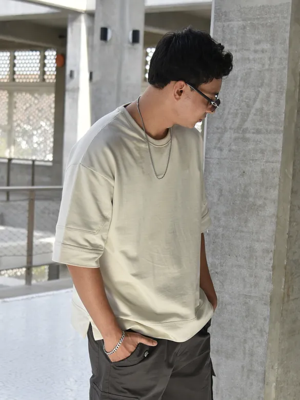 Cream Cut And Sew Panel Oversized T-Shirt